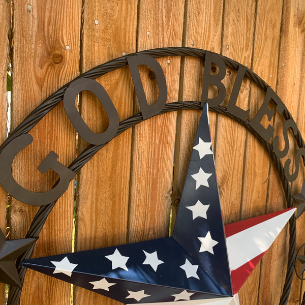 GOD BLESS AMERICA USA FLAG 3d STAR METAL BARN STAR LONE STAR TWISTED ROPE RING WALL ART WESTERN HOME DECOR RED WHITE & BLUE HANDMADE NEW #EH10490