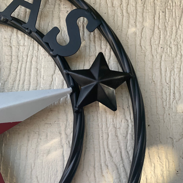 TEXAS FLAG STAR RED WHT BLUE STAR & BLACK RING METAL BARN LONE STAR WESTERN HOME DECOR HANDMADE NEW 12",18",24",36",50"