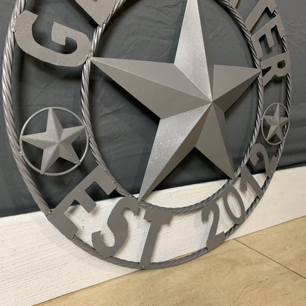 GLASTETTER STYLE YOUR CUSTOM NAME BARN STAR 3d METAL LONE STAR TWISTED ROPE RING WESTERN HOME DECOR RUSTIC GREY HANDMADE 24",32",36",50"