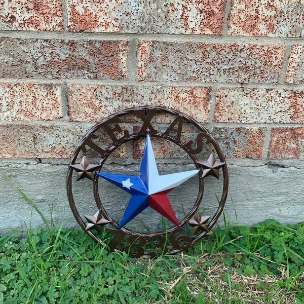 TEXAS FLAG STAR RED WHT BLUE STAR & BRONZE COPPER RING 1836 TEXAS METAL BARN LONE STAR WESTERN HOME DECOR HANDMADE NEW 12",18",24",32",36",50"
