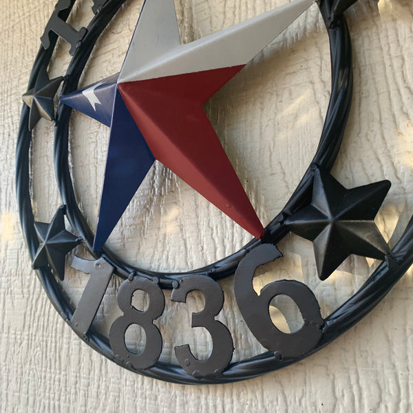 TEXAS FLAG STAR RED WHT BLUE STAR & BLACK RING METAL BARN LONE STAR WESTERN HOME DECOR HANDMADE NEW 12",18",24",36",50"