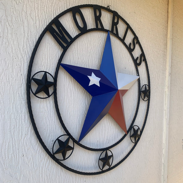 MORRISS TEXAS FLAG STYLE CUSTOM NAME STAR TWISTED ROPE BLACK RING WESTERN HOME DECOR HANDMADE