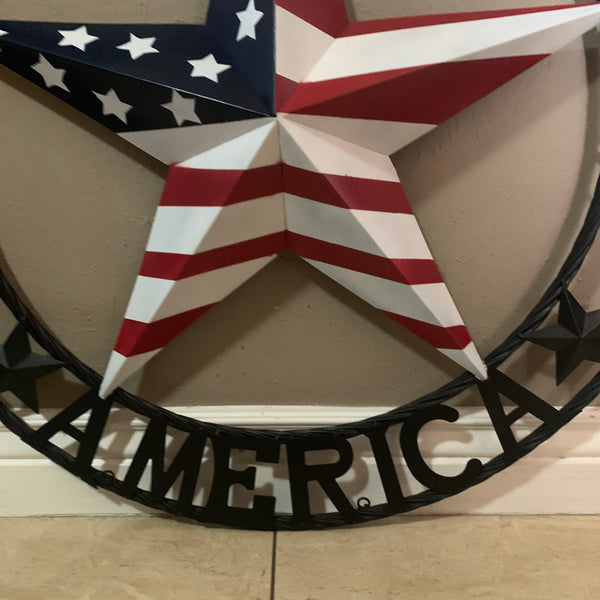GOD BLESS AMERICA USA FLAG 3d STAR METAL BARN STAR LONE STAR TWISTED ROPE RING WALL ART WESTERN HOME DECOR RED WHITE & BLUE HANDMADE NEW #EH10490