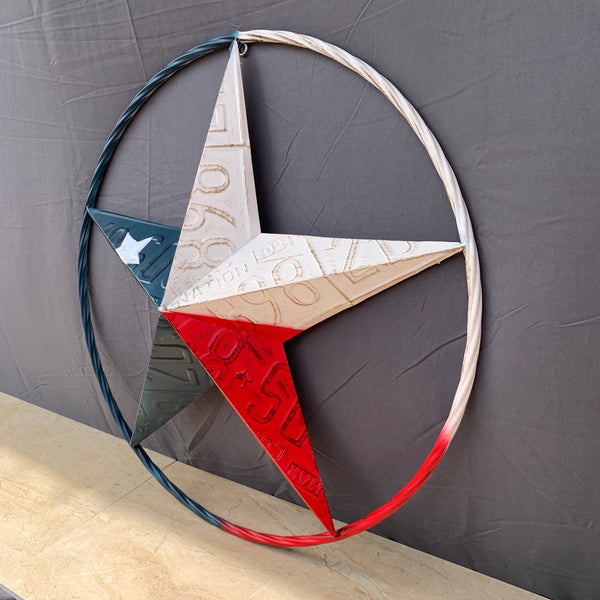 TEXAS LICENSE PLATE STAR RED WHITE & BLUE BARN METAL LONE STAR WESTERN HOME DECOR HANDMADE NEW 12",16",24",32",36"