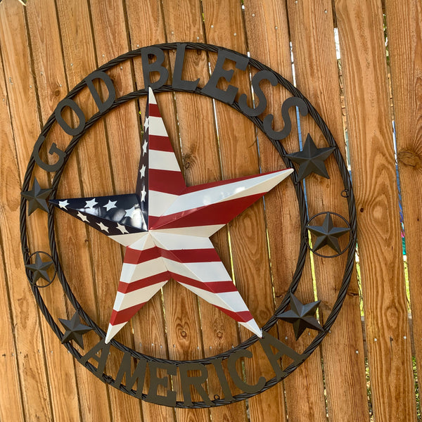 GOD BLESS AMERICA USA FLAG 3d STAR METAL BARN STAR LONE STAR TWISTED ROPE RING WALL ART WESTERN HOME DECOR RED WHITE & BLUE HANDMADE NEW #EH10490