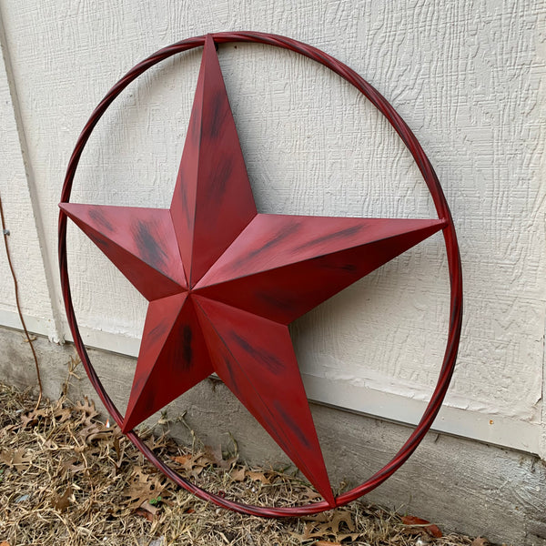 RED DISTRESSED STAR TWO TONE TEXTURE BARN STAR METAL LONESTAR TWISTED ROPE RING WESTERN HOME DECOR HANDMADE NEW