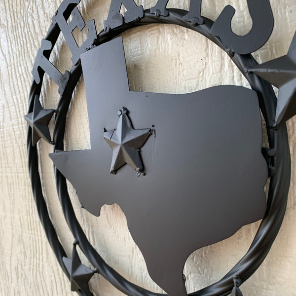 12" STATE OF TEXAS MAP RUSTIC BLACK TWISTED RING METAL SIGN WESTERN HOME DECOR HANDMADE NEW