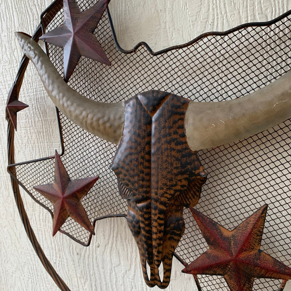 24" LONGHORNS & STARS METAL WALL ART SCULPTURE WESTERN HOME DECOR HANDMADE NEW