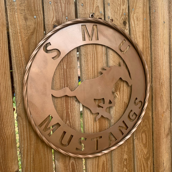 SMU MUSTANGS HAMMERED COPPER METAL CUSTOM VINTAGE CRAFT WALL ART TEAM SIGN HANDMADE