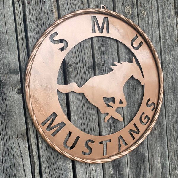 SMU MUSTANGS HAMMERED COPPER METAL CUSTOM VINTAGE CRAFT WALL ART TEAM SIGN HANDMADE