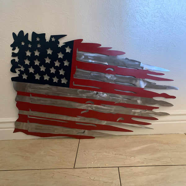 USA TATTERED AMERICAN FLAG METAL WALL ART WESTERN HOME DECOR HANDMADE NEW