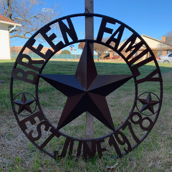 BREEN FAMILY STYLE CUSTOM NAME STAR BARN METAL STAR 3d TWISTED ROPE RING WESTERN HOME DECOR RUSTIC BROWN HANDMADE 24",32",36",50"