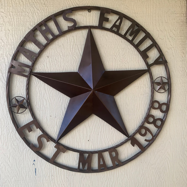 MATHIS STYLE CUSTOM STAR NAME BARN STAR METAL 3d STAR TWISTED ROPE RING WESTERN HOME DECOR RUSTIC BRONZE HANDMADE 24",32",36",50"