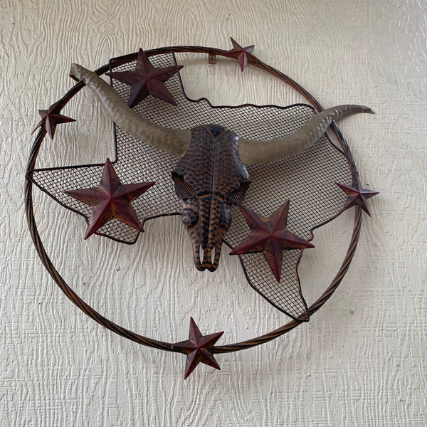 24" LONGHORNS & STARS METAL WALL ART SCULPTURE WESTERN HOME DECOR HANDMADE NEW
