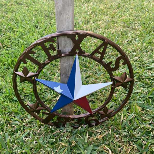 TEXAS FLAG STAR RED WHT BLUE STAR & BRONZE COPPER RING 1836 TEXAS METAL BARN LONE STAR WESTERN HOME DECOR HANDMADE NEW 12",18",24",32",36",50"