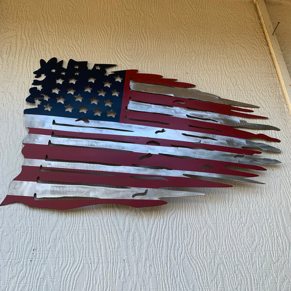 USA TATTERED AMERICAN FLAG METAL WALL ART WESTERN HOME DECOR HANDMADE NEW