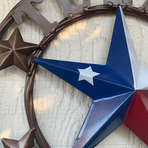 12",18",24",32",36",50" TEXAS FLAG STAR RED WHT BLUE STAR & BRONZE COPPER RING METAL BARN LONE STAR WESTERN HOME DECOR HANDMADE NEW