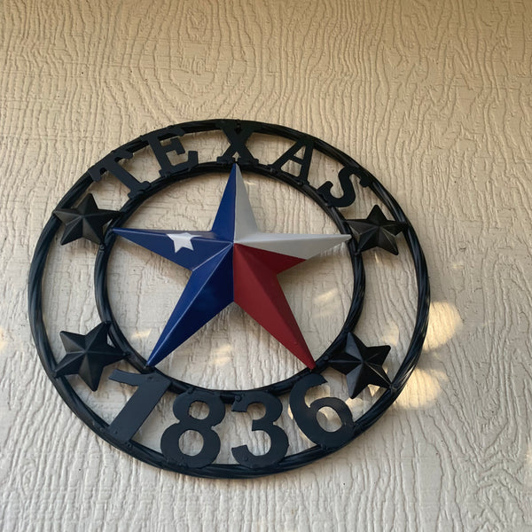 TEXAS FLAG STAR RED WHT BLUE STAR & BLACK RING METAL BARN LONE STAR WESTERN HOME DECOR HANDMADE NEW 12",18",24",36",50"