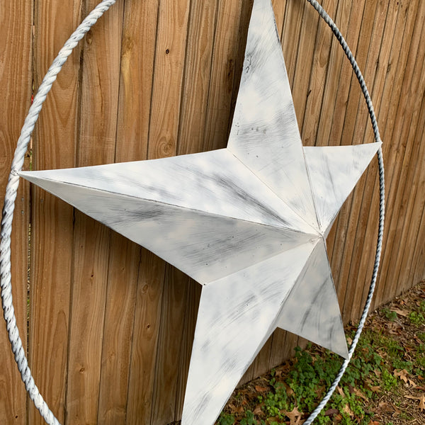 5 FOOT WHITE DISTRESSED STAR TWO TONE TEXTURE BARN STAR METAL LONESTAR TWISTED ROPE RING WESTERN HOME DECOR HANDMADE NEW