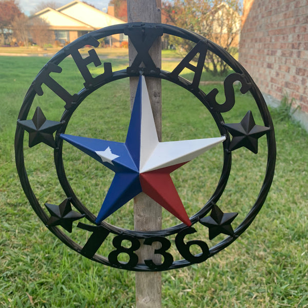 TEXAS FLAG STAR RED WHT BLUE STAR & BLACK RING METAL BARN LONE STAR WESTERN HOME DECOR HANDMADE NEW 12",18",24",36",50"