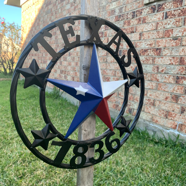 TEXAS FLAG STAR RED WHT BLUE STAR & BLACK RING METAL BARN LONE STAR WESTERN HOME DECOR HANDMADE NEW 12",18",24",36",50"