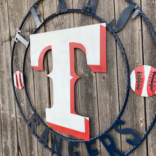 TEXAS RANGERS CUSTOM METAL VINTAGE CRAFT TEAM SIGN WHITE & RED & NAVY BLUE RING HANDMADE