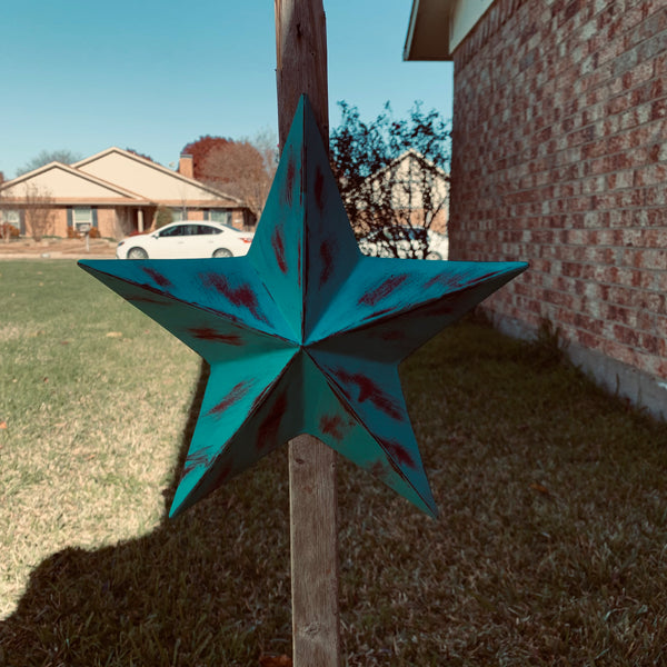 TURQUOISE DISTRESSED TWO TONE BARN STAR METAL ART WESTERN HOME DECOR HANDMADE NEW