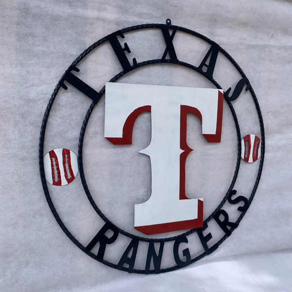 TEXAS RANGERS CUSTOM METAL VINTAGE CRAFT TEAM SIGN WHITE & RED & NAVY BLUE RING HANDMADE