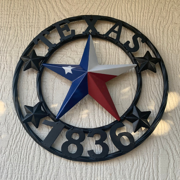 TEXAS FLAG STAR RED WHT BLUE STAR & BLACK RING METAL BARN LONE STAR WESTERN HOME DECOR HANDMADE NEW 12",18",24",36",50"