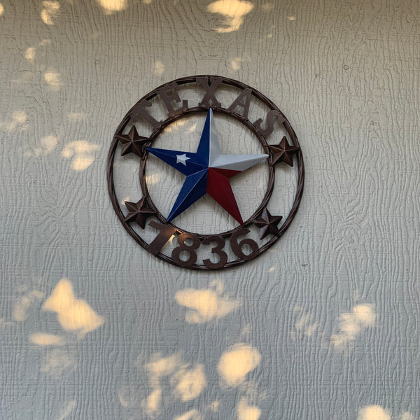 TEXAS FLAG STAR RED WHT BLUE STAR & BRONZE COPPER RING 1836 TEXAS METAL BARN LONE STAR WESTERN HOME DECOR HANDMADE NEW 12",18",24",32",36",50"