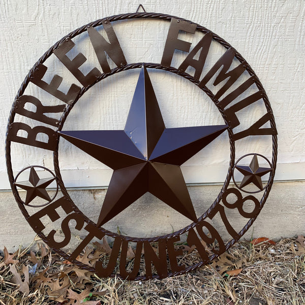 BREEN FAMILY STYLE CUSTOM NAME STAR BARN METAL STAR 3d TWISTED ROPE RING WESTERN HOME DECOR RUSTIC BROWN HANDMADE 24",32",36",50"