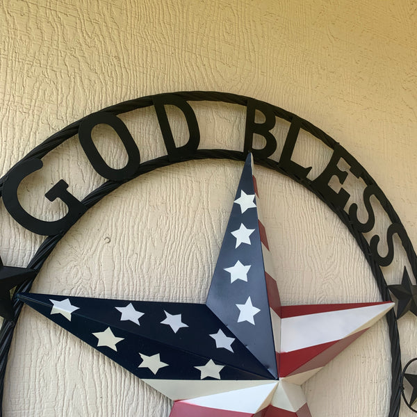 GOD BLESS AMERICA USA FLAG 3d STAR METAL BARN STAR LONE STAR TWISTED ROPE RING WALL ART WESTERN HOME DECOR RED WHITE & BLUE HANDMADE NEW #EH10490