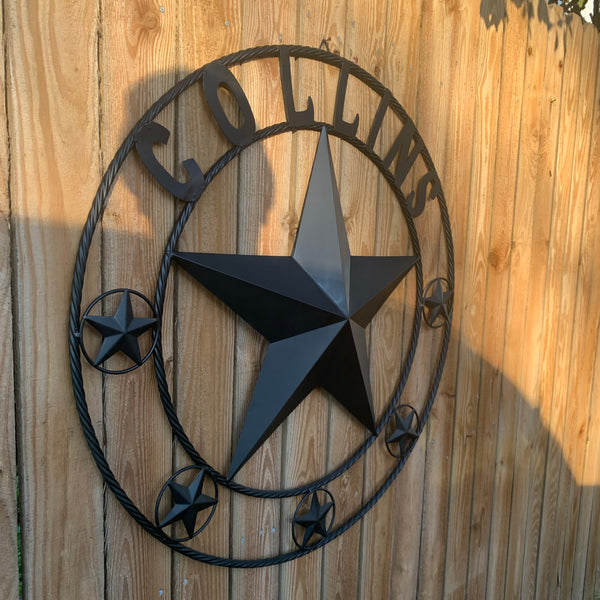 COLLINS STYLE CUSTOM STAR NAME BARN METAL STAR 3d TWISTED ROPE RING WESTERN HOME DECOR RUSTIC  BLACK HANDMADE 24",32",36",50"