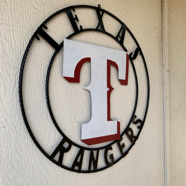 TEXAS RANGERS CUSTOM METAL VINTAGE CRAFT TEAM SIGN WHITE & RED WITH BLACK RING HANDMADE