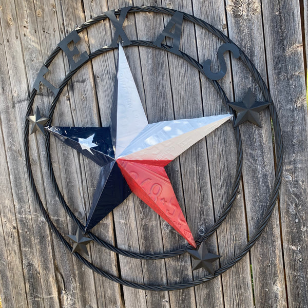 TEXAS LICENSE PLATE BARN STAR METAL LONE STAR TWISTED BLACK RING & LETTERS WESTERN HOME DECOR HANDMADE NEW