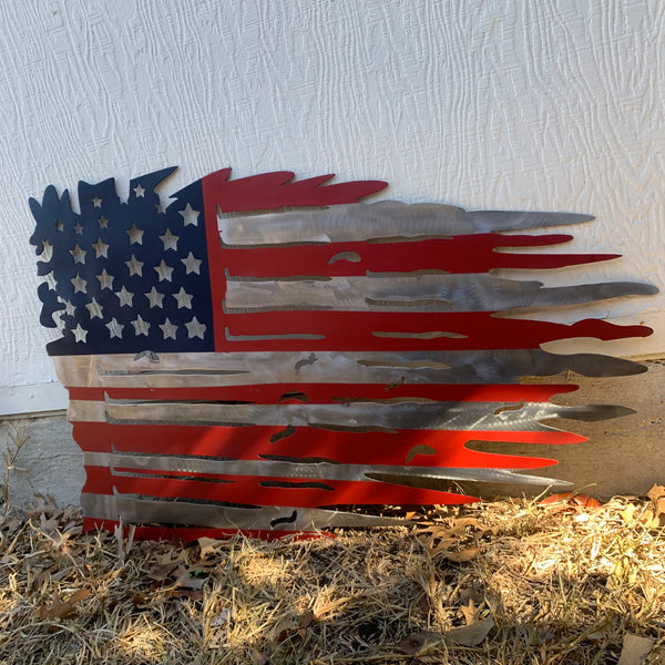 USA TATTERED AMERICAN FLAG METAL WALL ART WESTERN HOME DECOR HANDMADE NEW