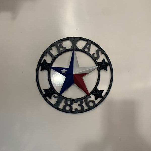 TEXAS FLAG STAR RED WHT BLUE STAR & BLACK RING METAL BARN LONE STAR WESTERN HOME DECOR HANDMADE NEW 12",18",24",36",50"