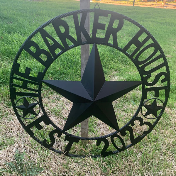 BARKER STYLE CUSTOM NAME STAR BARN METAL STAR 3d TWISTED ROPE RING LONESTAR WESTERN HOME DECOR RUSTIC BLACK HANDMADE 24",32",36",50"