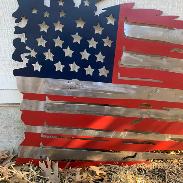 USA TATTERED AMERICAN FLAG METAL WALL ART WESTERN HOME DECOR HANDMADE NEW