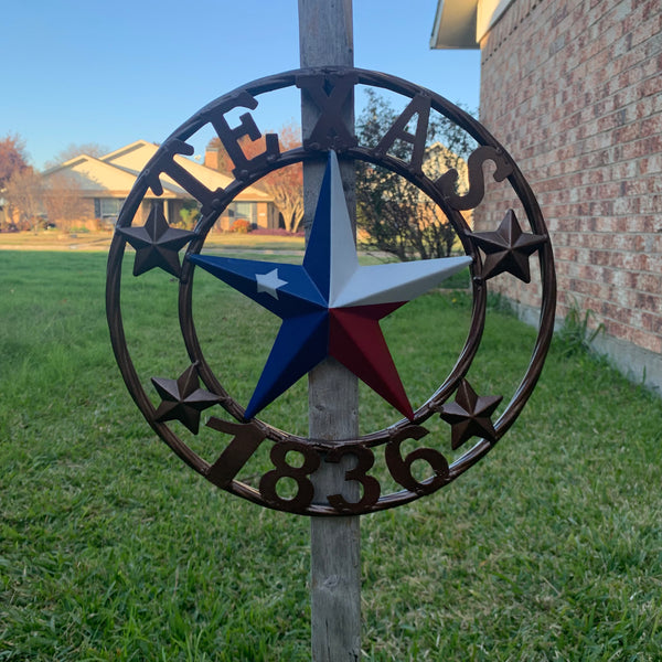 TEXAS FLAG STAR RED WHT BLUE STAR & BRONZE COPPER RING 1836 TEXAS METAL BARN LONE STAR WESTERN HOME DECOR HANDMADE NEW 12",18",24",32",36",50"