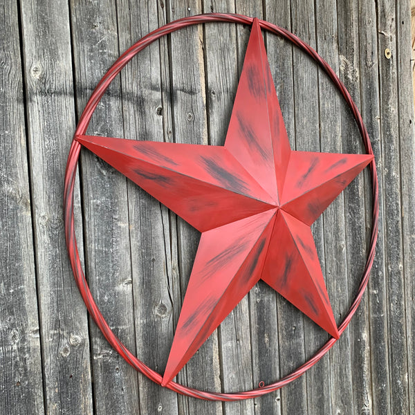 RED DISTRESSED STAR TWO TONE TEXTURE BARN STAR METAL LONESTAR TWISTED ROPE RING WESTERN HOME DECOR HANDMADE NEW