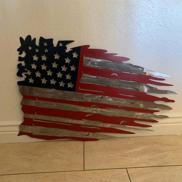 USA TATTERED AMERICAN FLAG METAL WALL ART WESTERN HOME DECOR HANDMADE NEW