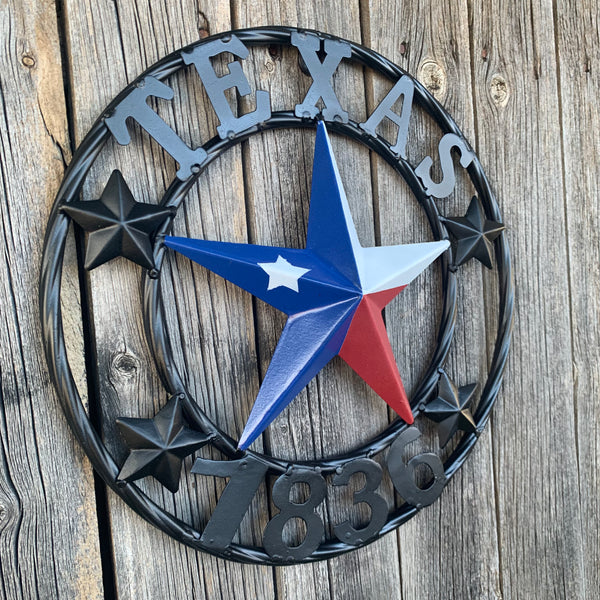 TEXAS FLAG STAR RED WHT BLUE STAR & BLACK RING METAL BARN LONE STAR WESTERN HOME DECOR HANDMADE NEW 12",18",24",36",50"