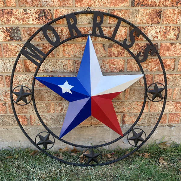 MORRISS TEXAS FLAG STYLE CUSTOM NAME STAR TWISTED ROPE BLACK RING WESTERN HOME DECOR HANDMADE