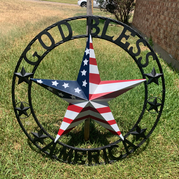 GOD BLESS AMERICA USA FLAG 3d STAR METAL BARN STAR LONE STAR TWISTED ROPE RING WALL ART WESTERN HOME DECOR RED WHITE & BLUE HANDMADE NEW #EH10490