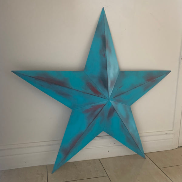 #EH10540 TURQUOISE DISTRESSED TWO TONE BARN STAR METAL ART WESTERN HOME DECOR HANDMADE NEW