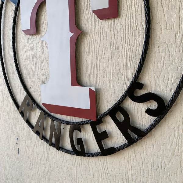 TEXAS RANGERS CUSTOM METAL VINTAGE CRAFT TEAM SIGN WHITE & RED WITH BLACK RING HANDMADE