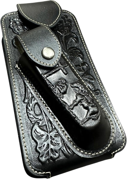 7" COWBOY PRAYER & KNIFE LEATHER POUCH HOLDER XTRA LARGE  BELT LOOP CELL PHONE CASE UNIVERSAL OVERSIZE #EH12300