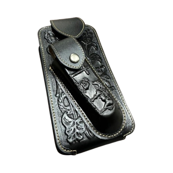 7" COWBOY PRAYER & KNIFE LEATHER POUCH HOLDER XTRA LARGE  BELT LOOP CELL PHONE CASE UNIVERSAL OVERSIZE #EH12300
