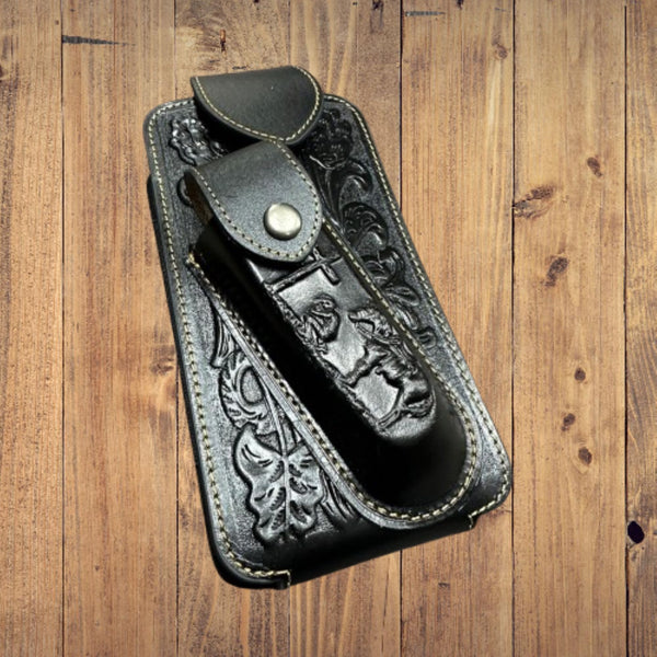 7" COWBOY PRAYER & KNIFE LEATHER POUCH HOLDER XTRA LARGE  BELT LOOP CELL PHONE CASE UNIVERSAL OVERSIZE #EH12300